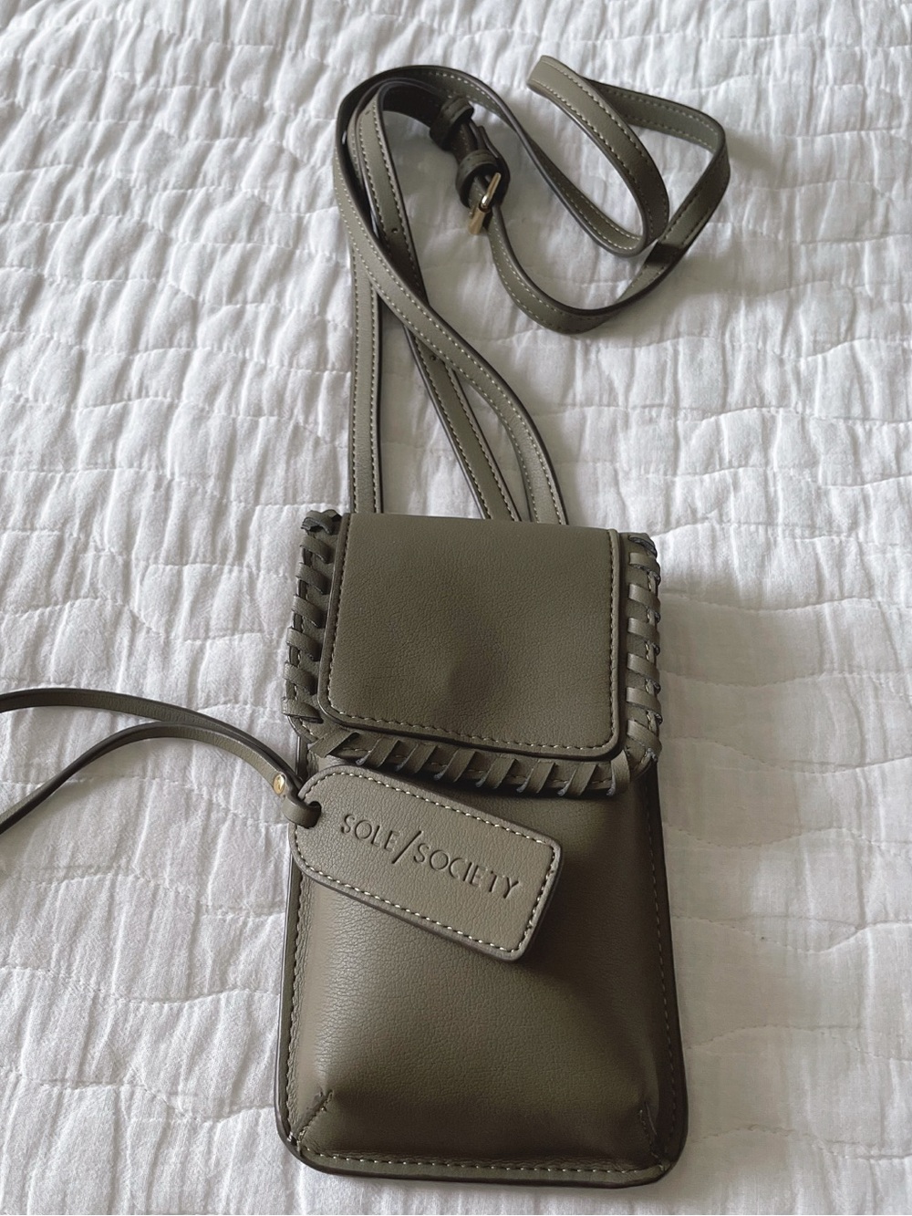Sole Society Salex Olive Green Whipstitch Crossbody Phone Bag Card Holder Wallet